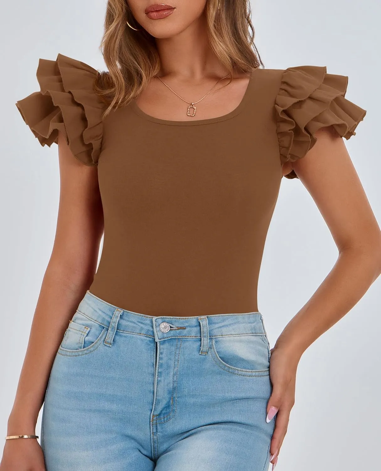 PRETTYGARDEN Women's Ruffle Short Sleeve Shirts 2025 Summer Casual Basic Tee Cute Fitted Crew Neck Fashion Tops Clothes