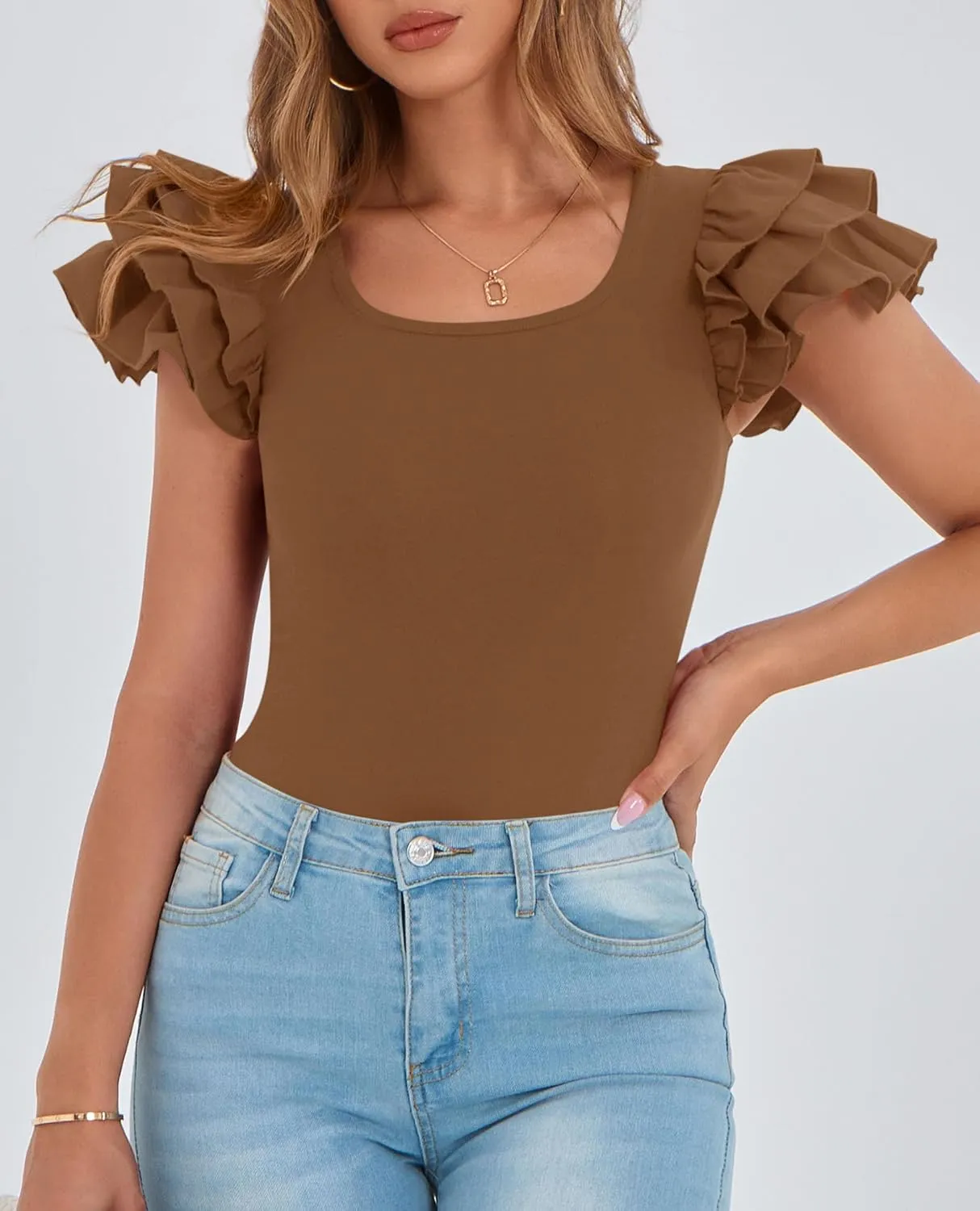 PRETTYGARDEN Women's Ruffle Short Sleeve Shirts 2025 Summer Casual Basic Tee Cute Fitted Crew Neck Fashion Tops Clothes