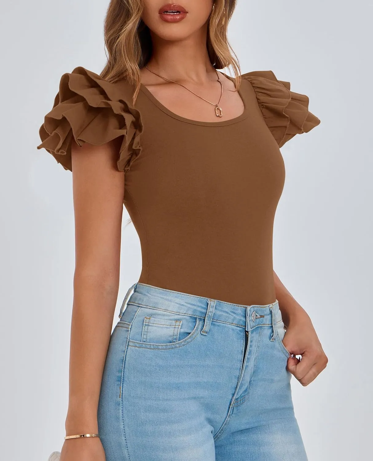 PRETTYGARDEN Women's Ruffle Short Sleeve Shirts 2025 Summer Casual Basic Tee Cute Fitted Crew Neck Fashion Tops Clothes