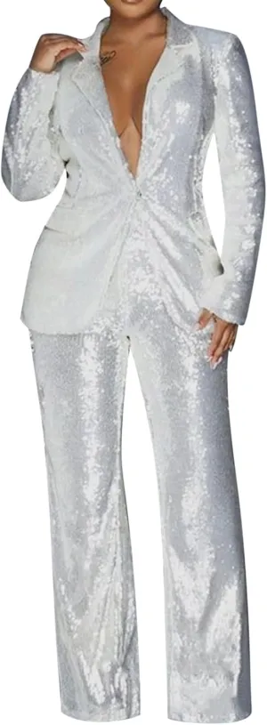 Sequin Pants Suit for Women Party Night 2 Piece Outfits Blazer Sets Formal Wedding Prom Wide Leg High Waist Glitter Pants Suits White 3XL
