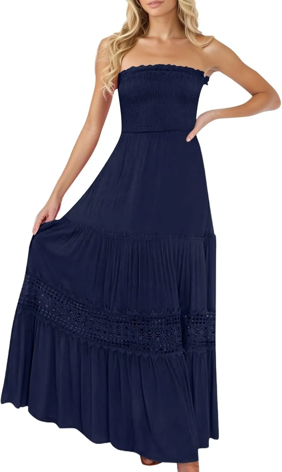 Strapless Dress for Women Summer Tube Corset High Waist Sheath Smocked Tiered Bohemian Long Beach Dresses, S-2Xl