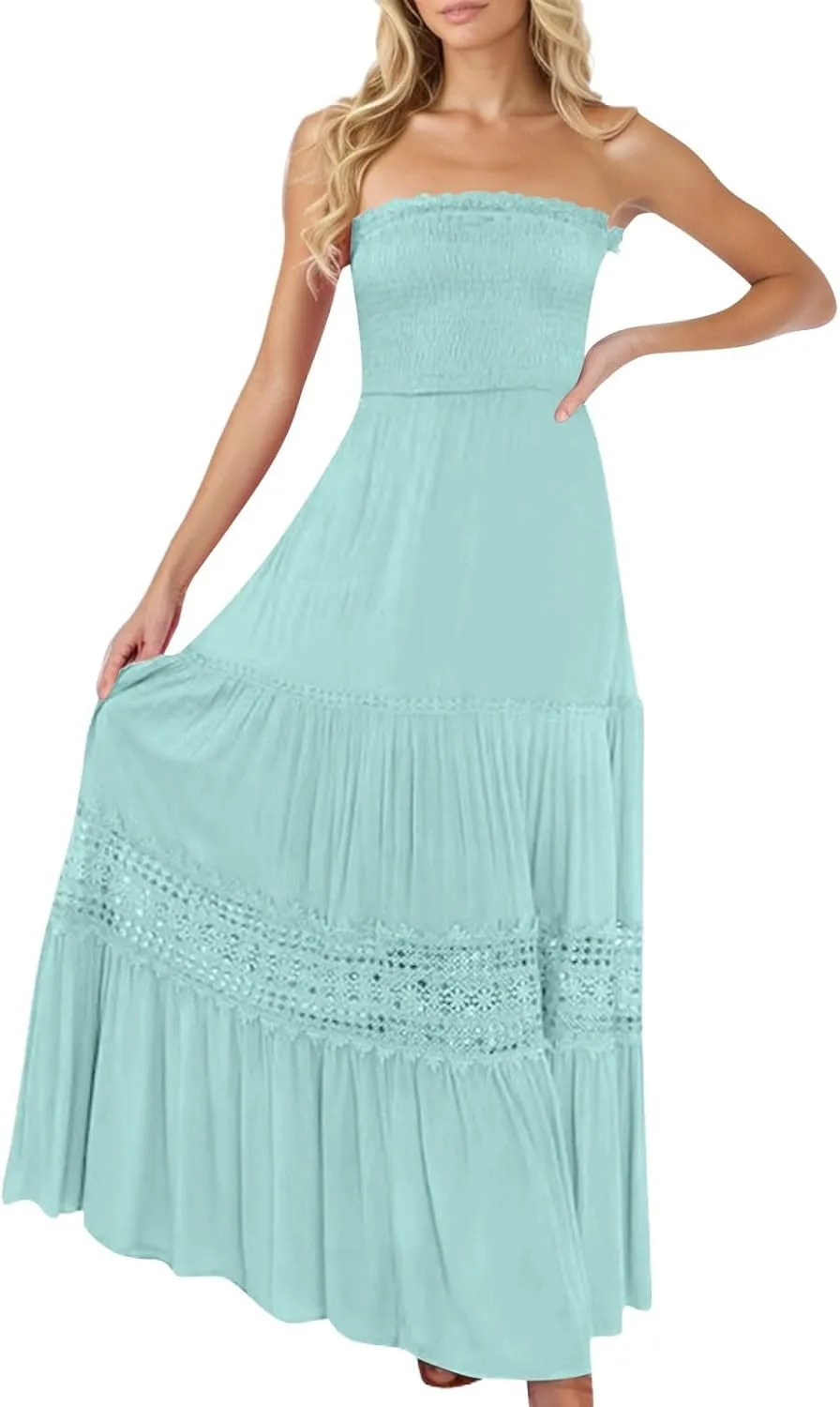 Strapless Dress for Women Summer Tube Corset High Waist Sheath Smocked Tiered Bohemian Long Beach Dresses, S-2Xl
