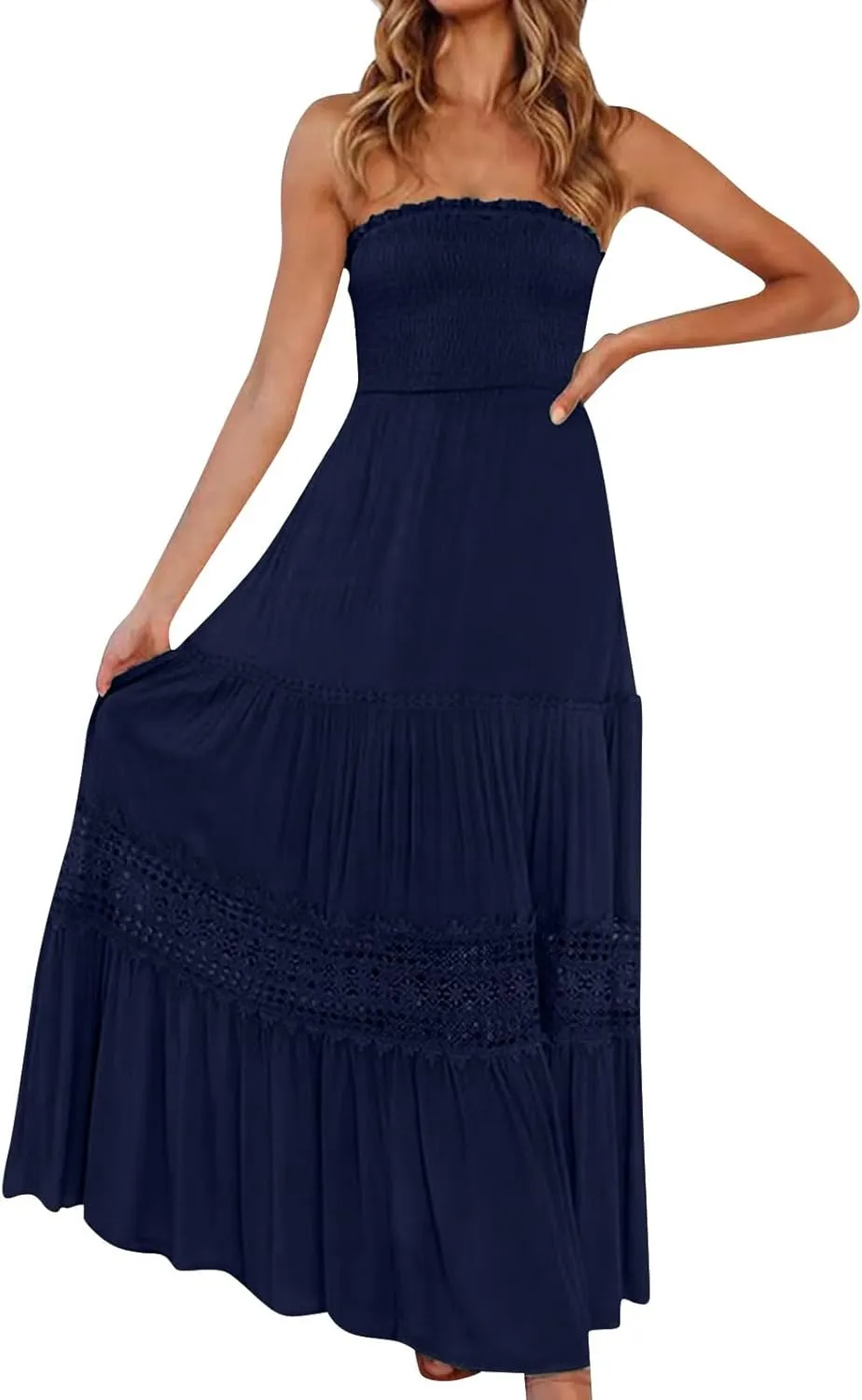 Strapless Dress for Women Summer Tube Corset High Waist Sheath Smocked Tiered Bohemian Long Beach Dresses, S-2Xl
