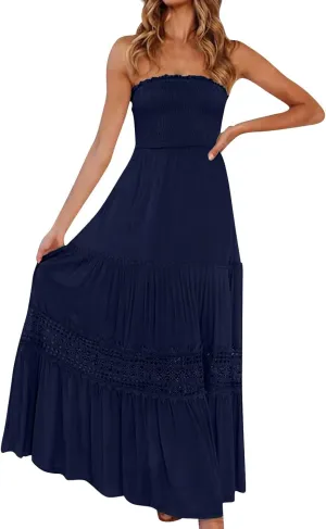 Strapless Dress for Women Summer Tube Corset High Waist Sheath Smocked Tiered Bohemian Long Beach Dresses, S-2Xl