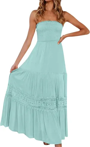 Strapless Dress for Women Summer Tube Corset High Waist Sheath Smocked Tiered Bohemian Long Beach Dresses, S-2Xl