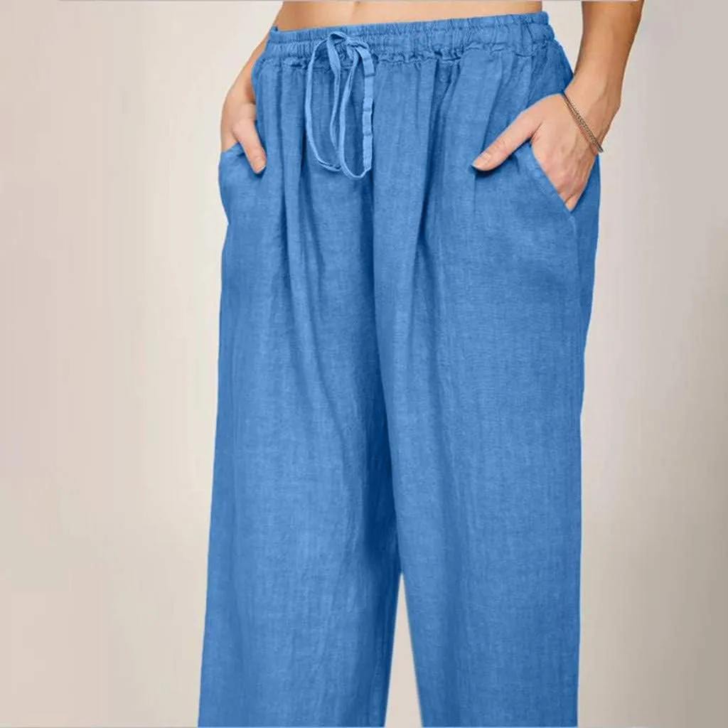Summer Pants for Women Casual 2024 Summer Drawstring Elastic High Waist Linen Pant Straight Wide Leg Cropped Trousers