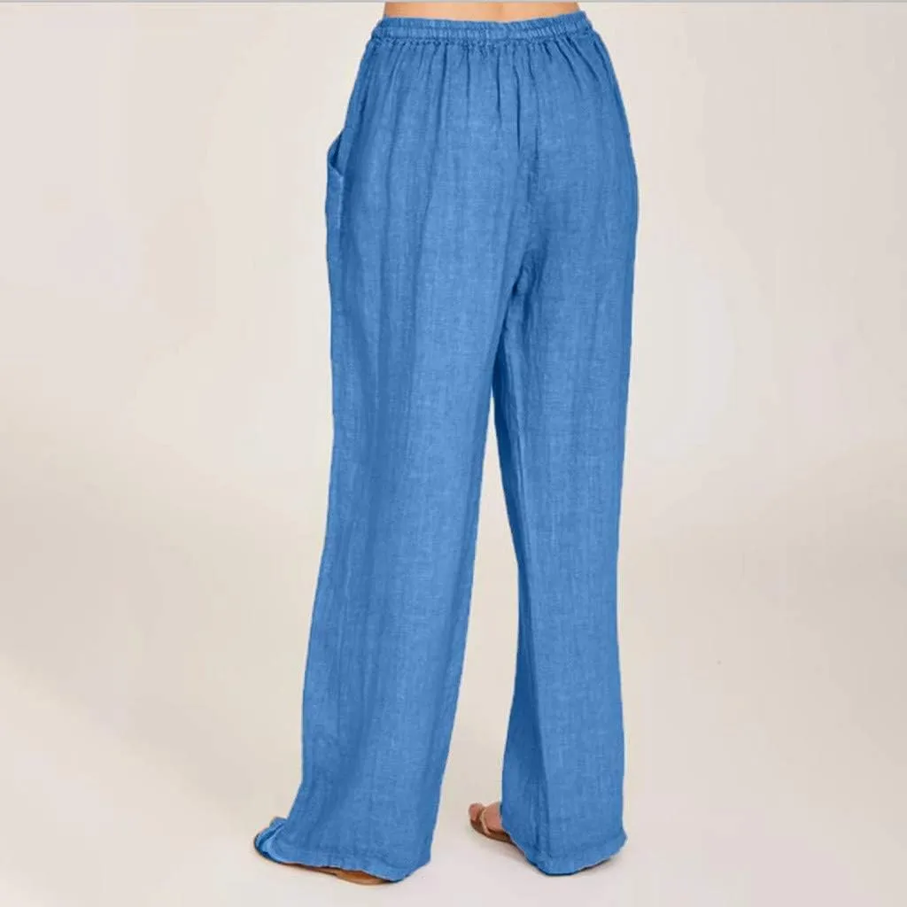 Summer Pants for Women Casual 2024 Summer Drawstring Elastic High Waist Linen Pant Straight Wide Leg Cropped Trousers