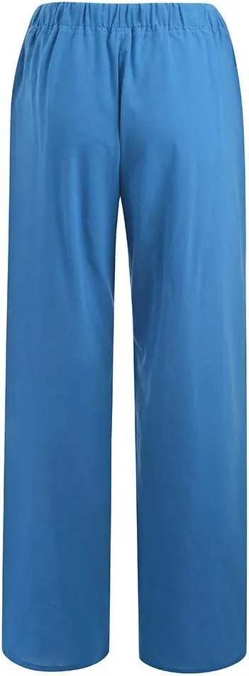 Summer Pants for Women Casual 2024 Summer Drawstring Elastic High Waist Linen Pant Straight Wide Leg Cropped Trousers