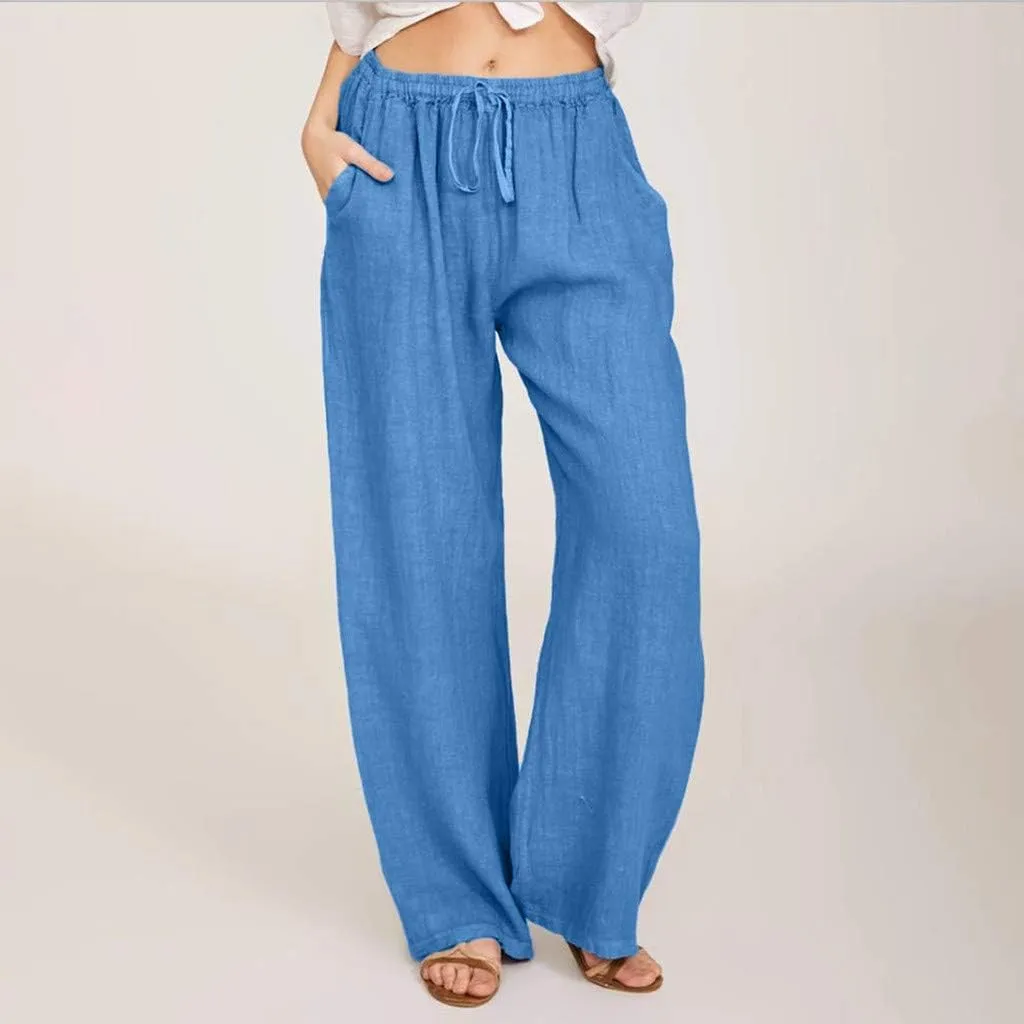 Summer Pants for Women Casual 2024 Summer Drawstring Elastic High Waist Linen Pant Straight Wide Leg Cropped Trousers