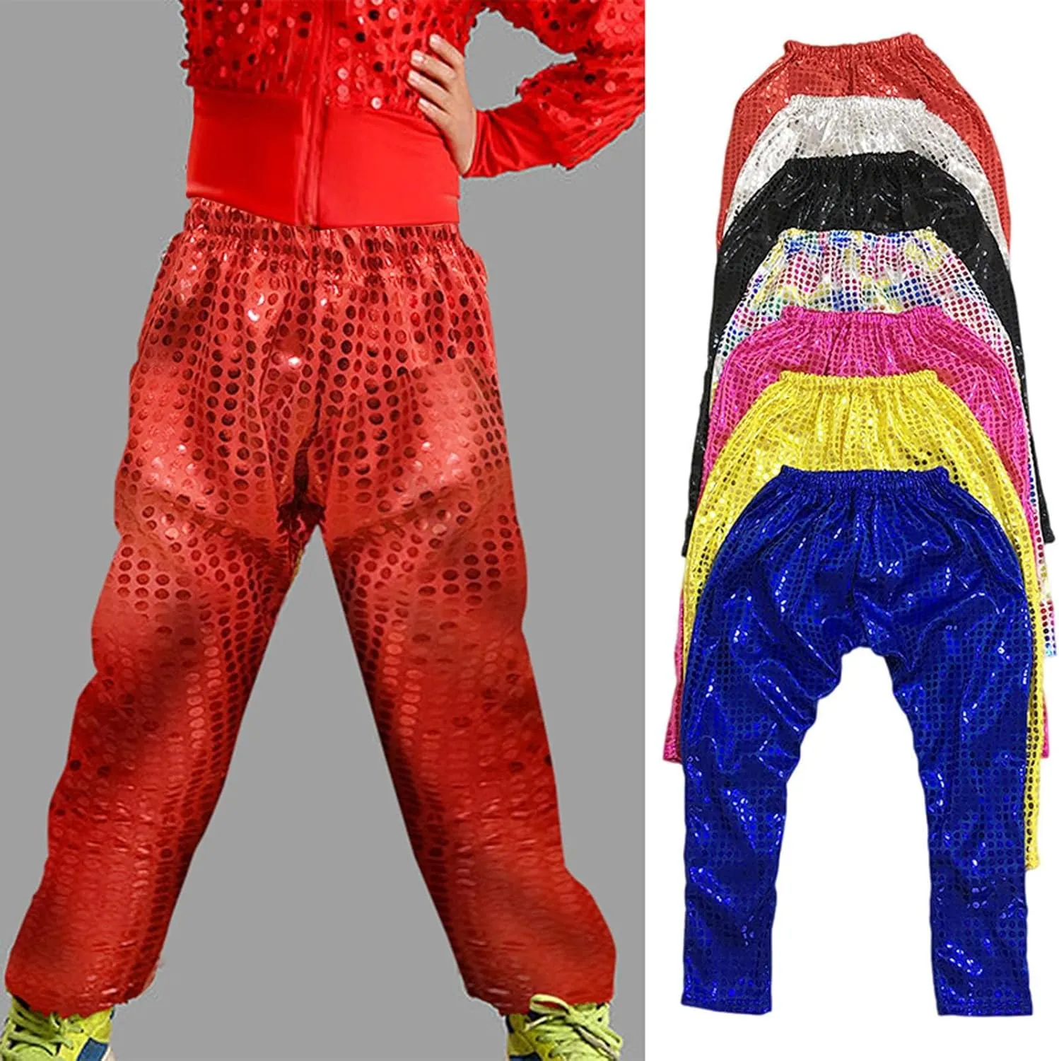 Teen Boys Girls Multicolor Sequin Pants Baggy Wide Leg Elastic Waist Trousers Loose Stretchy Dance Performance