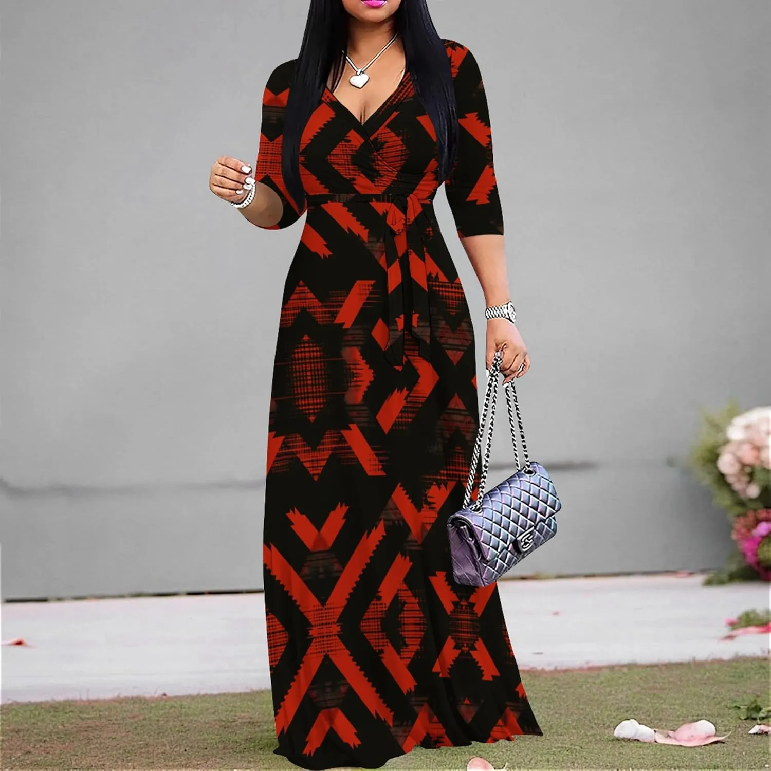 weiyinhe Maxi Dress for Women V Neck Casual 3/4 Sleeve Wrap Sexy Long Dresses Floral with Belt