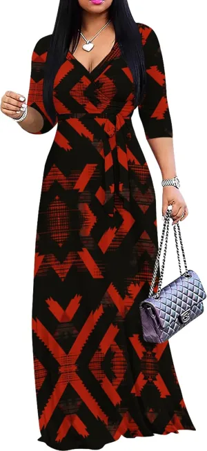 weiyinhe Maxi Dress for Women V Neck Casual 3/4 Sleeve Wrap Sexy Long Dresses Floral with Belt