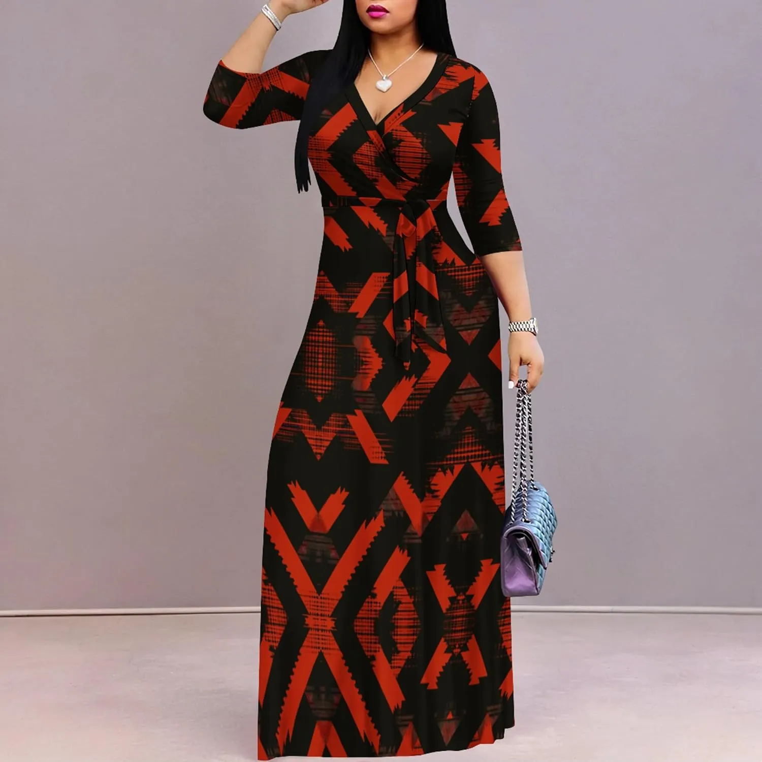 weiyinhe Maxi Dress for Women V Neck Casual 3/4 Sleeve Wrap Sexy Long Dresses Floral with Belt