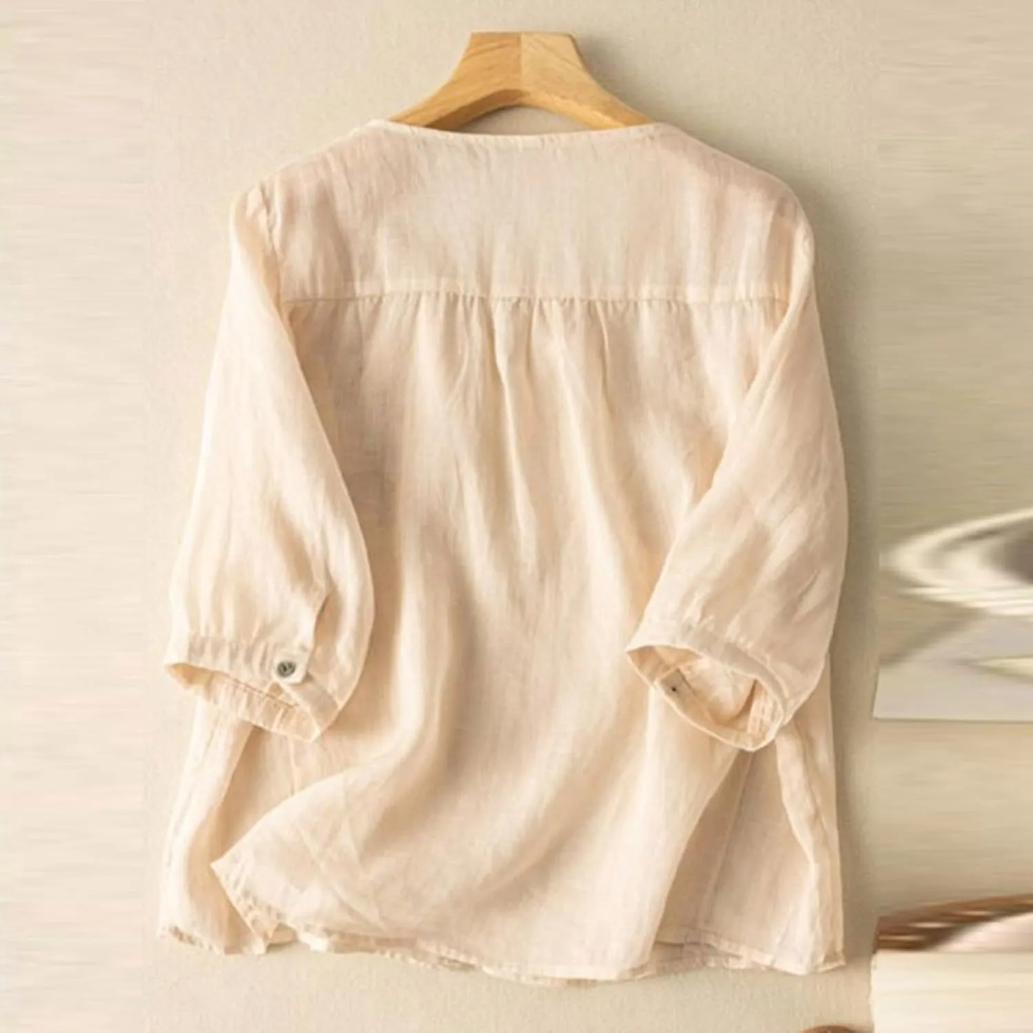 Women Cotton Linen Tops Vintage Floral Embroidered Gauze Shirts Summer Casual 3/4 Sleeve V Neck Baggy Boho Blouse