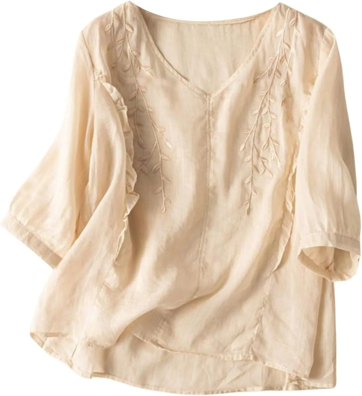Women Cotton Linen Tops Vintage Floral Embroidered Gauze Shirts Summer Casual 3/4 Sleeve V Neck Baggy Boho Blouse