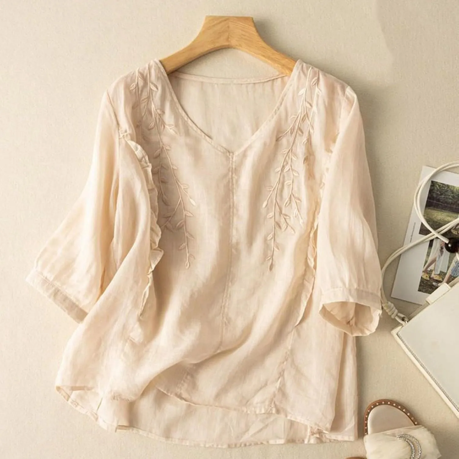 Women Cotton Linen Tops Vintage Floral Embroidered Gauze Shirts Summer Casual 3/4 Sleeve V Neck Baggy Boho Blouse