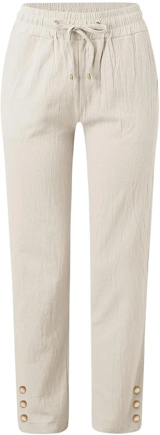 Women Linen Pants Sweat Drawstring Striped with Pockets- Trendy Trousers Gauze Lounge for Women Wide Leg Pants