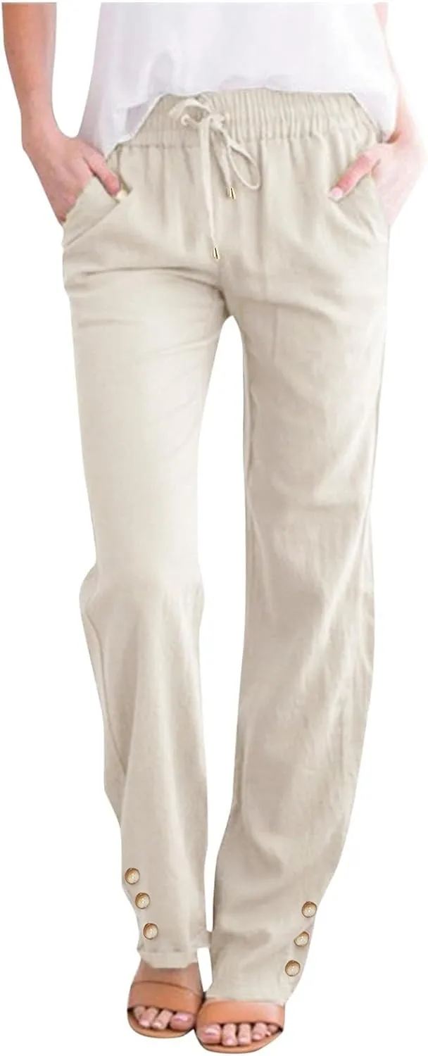 Women Linen Pants Sweat Drawstring Striped with Pockets- Trendy Trousers Gauze Lounge for Women Wide Leg Pants