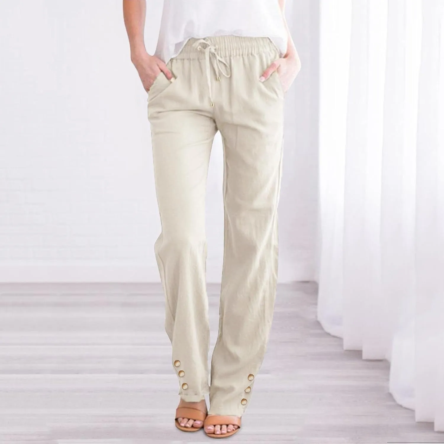 Women Linen Pants Sweat Drawstring Striped with Pockets- Trendy Trousers Gauze Lounge for Women Wide Leg Pants