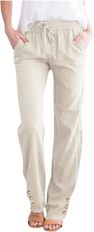 Women Linen Pants Sweat Drawstring Striped with Pockets- Trendy Trousers Gauze Lounge for Women Wide Leg Pants