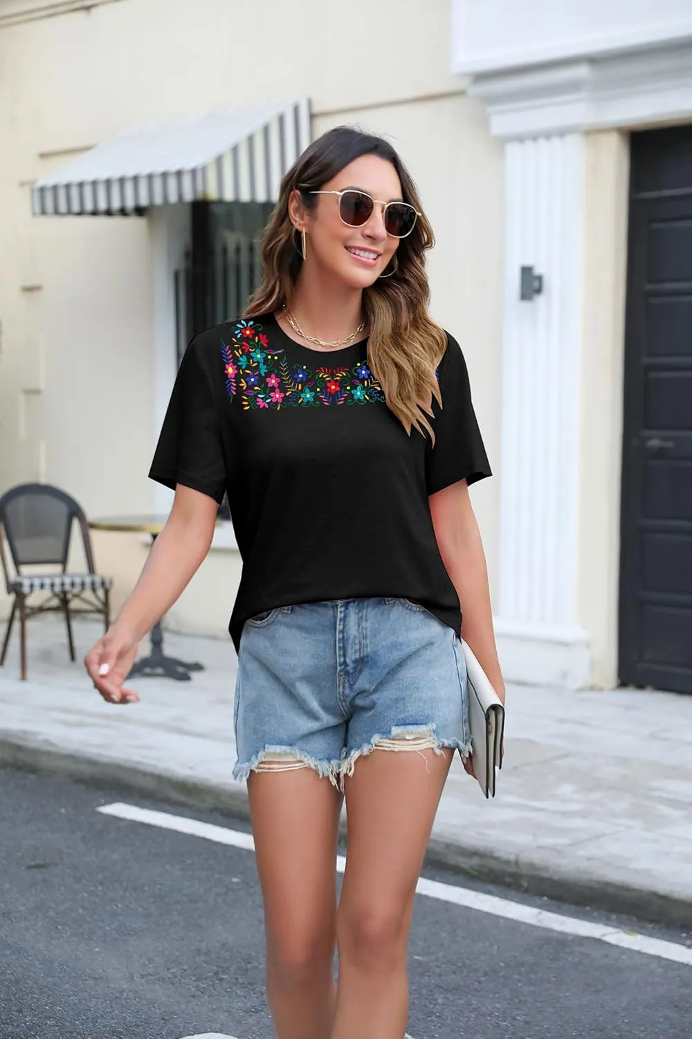 Women Mexican Embroidered Shirt Mexico T-Shirt Traditional Summer Blouse Boho Floral Embroidery Tunic