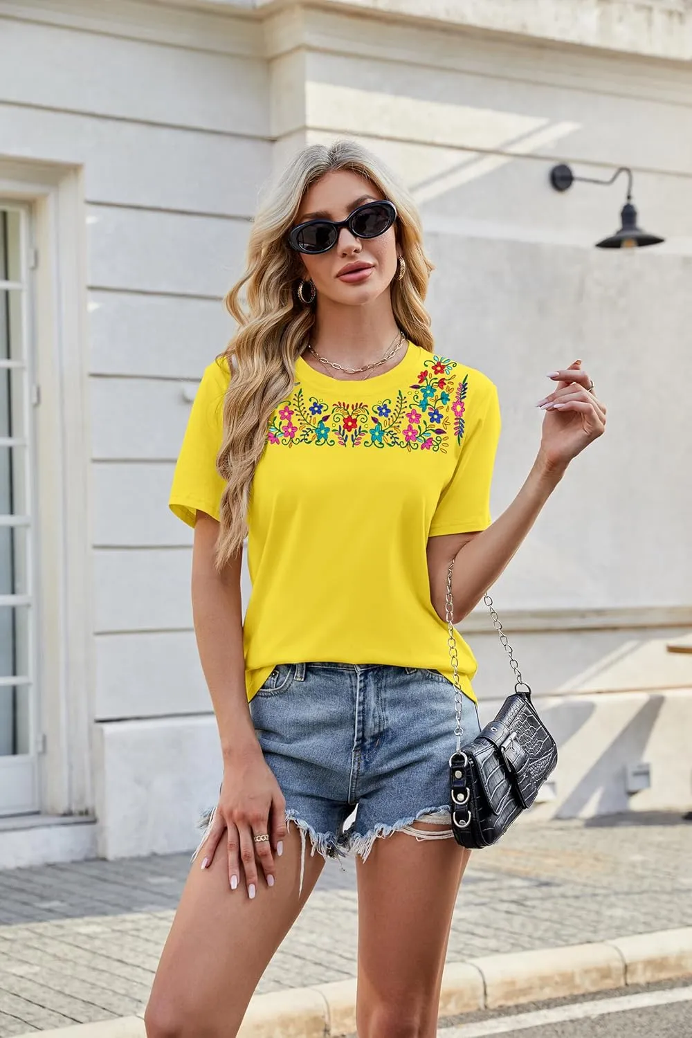 Women Mexican Embroidered Shirt Mexico T-Shirt Traditional Summer Blouse Boho Floral Embroidery Tunic