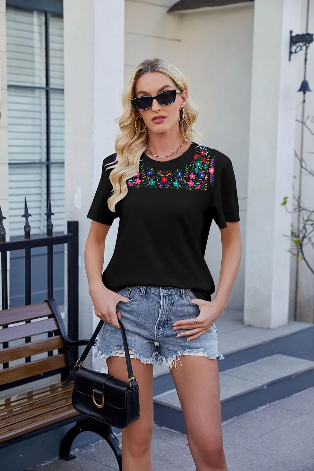 Women Mexican Embroidered Shirt Mexico T-Shirt Traditional Summer Blouse Boho Floral Embroidery Tunic