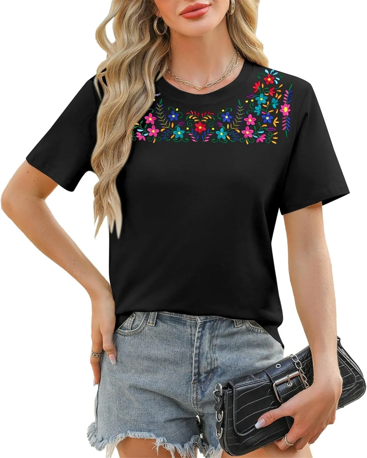 Women Mexican Embroidered Shirt Mexico T-Shirt Traditional Summer Blouse Boho Floral Embroidery Tunic