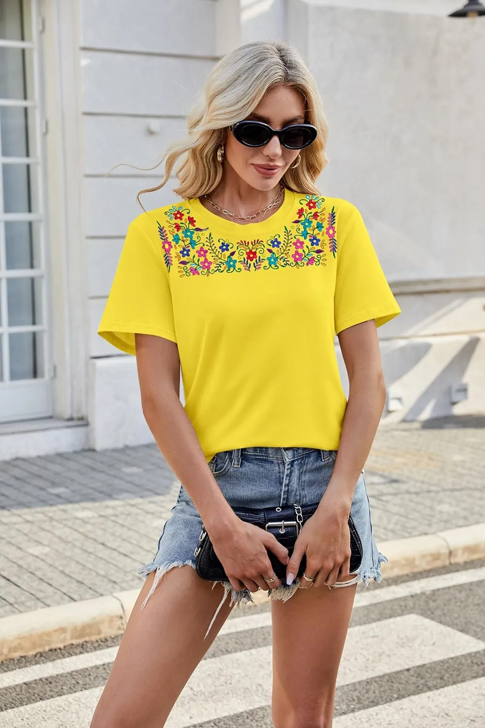 Women Mexican Embroidered Shirt Mexico T-Shirt Traditional Summer Blouse Boho Floral Embroidery Tunic