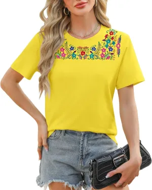 Women Mexican Embroidered Shirt Mexico T-Shirt Traditional Summer Blouse Boho Floral Embroidery Tunic