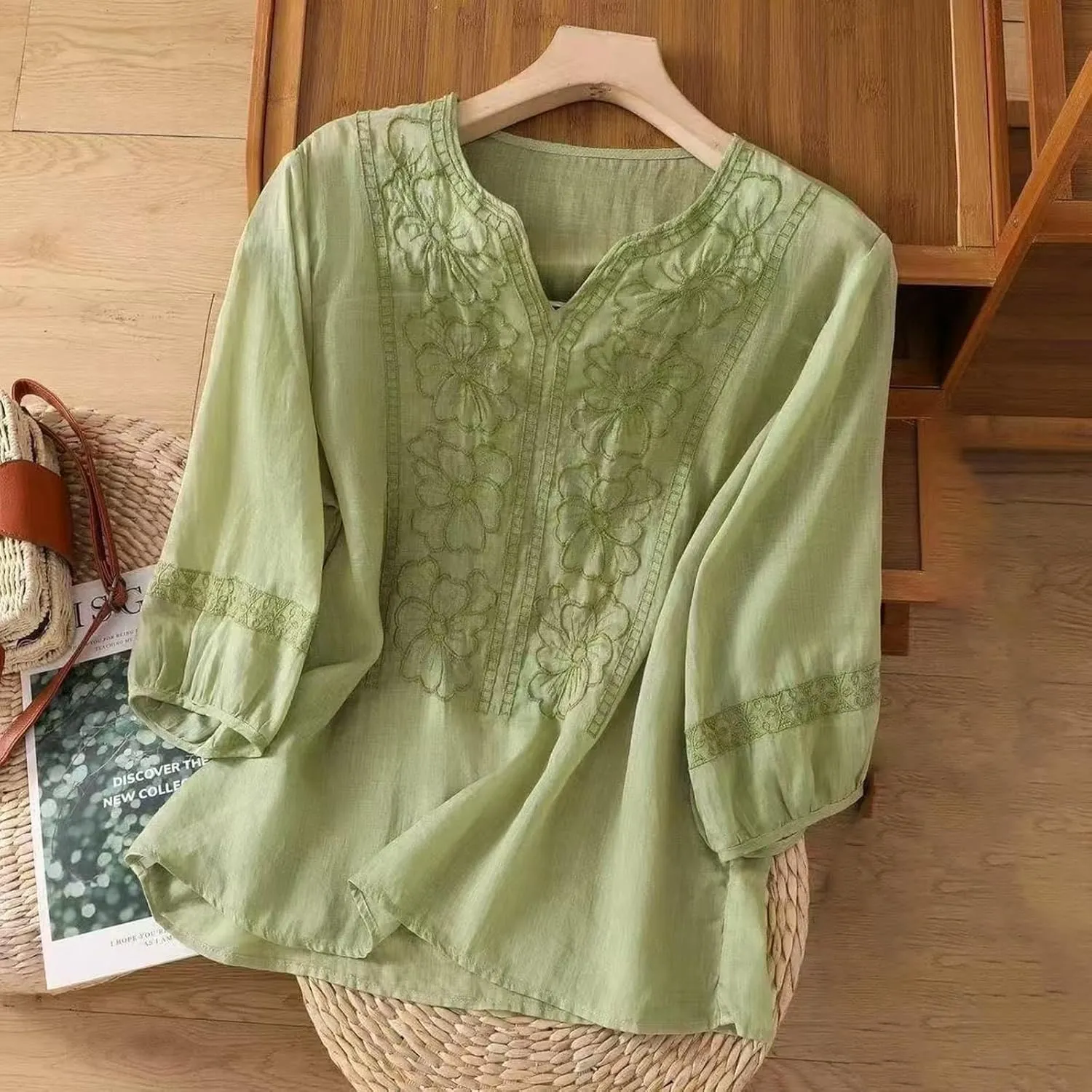 Womens 3/4 Sleeve Linen Shirts 2025 Cotton Summer Retro Embroidered Boho Tops Dressy Casual Beach Vacation Blouses