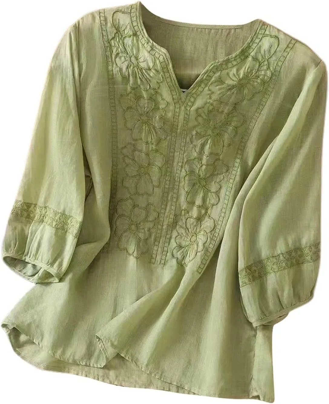 Womens 3/4 Sleeve Linen Shirts 2025 Cotton Summer Retro Embroidered Boho Tops Dressy Casual Beach Vacation Blouses