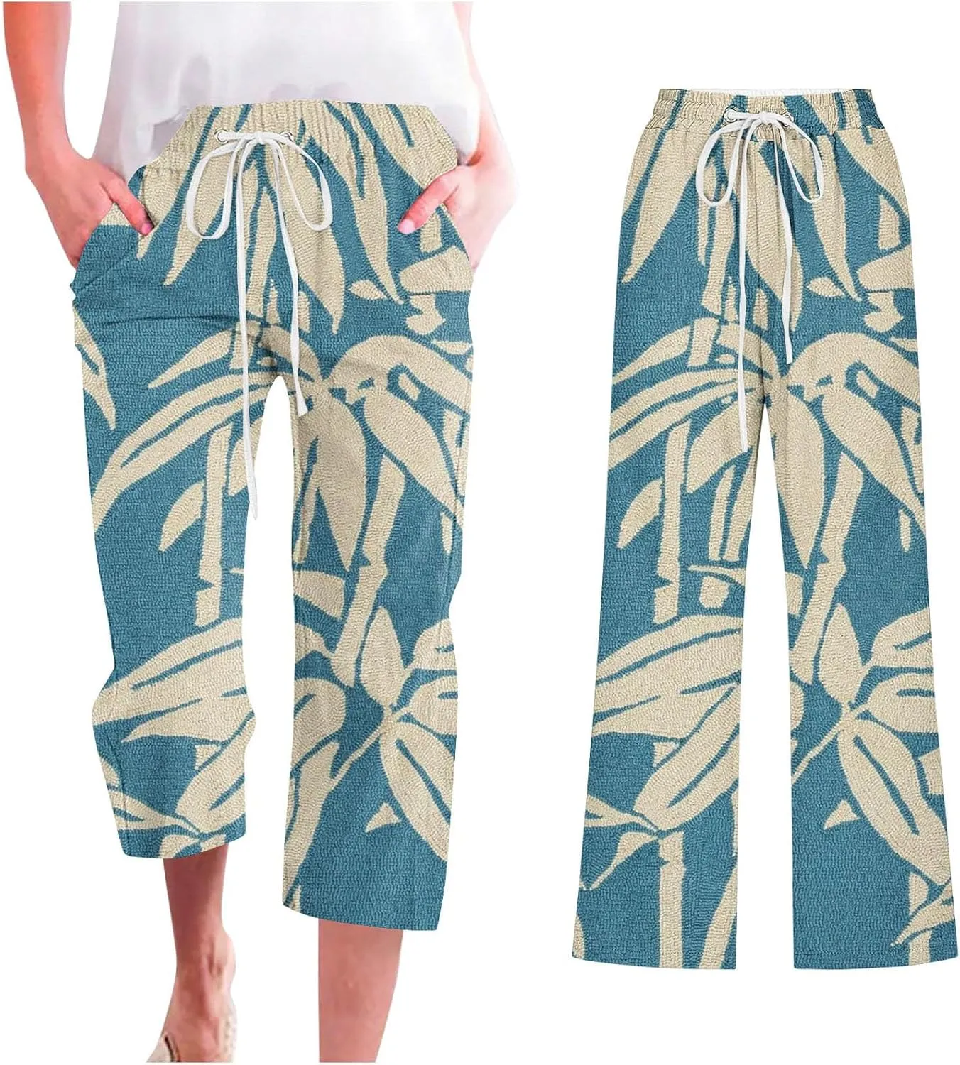 Womens Boho Floral Print Pants Casual Loose Fit Drawstring High Waist Capris Straight Leg Beach Cropped Trousers