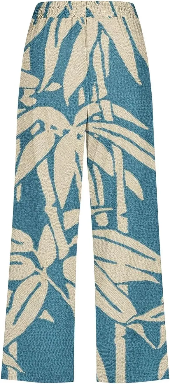 Womens Boho Floral Print Pants Casual Loose Fit Drawstring High Waist Capris Straight Leg Beach Cropped Trousers