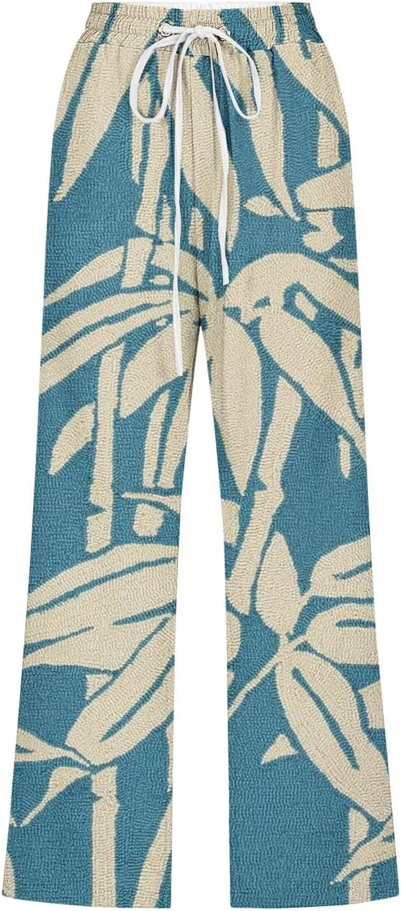 Womens Boho Floral Print Pants Casual Loose Fit Drawstring High Waist Capris Straight Leg Beach Cropped Trousers