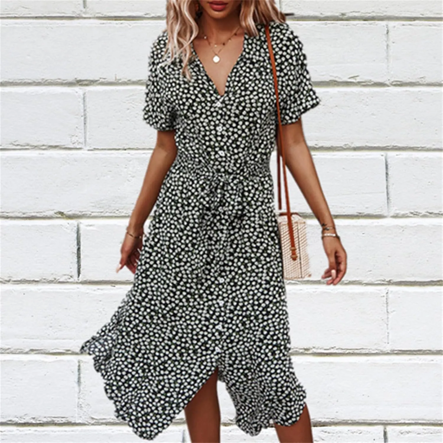 Womens Boho Floral V Neck A Line Dresses Belted Tie Waist Midi Dress Flowy Beach Summer Dress