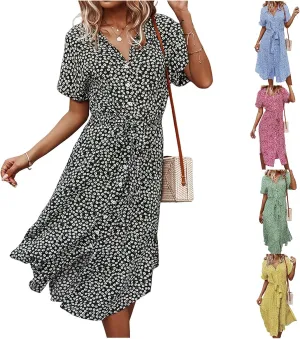 Womens Boho Floral V Neck A Line Dresses Belted Tie Waist Midi Dress Flowy Beach Summer Dress