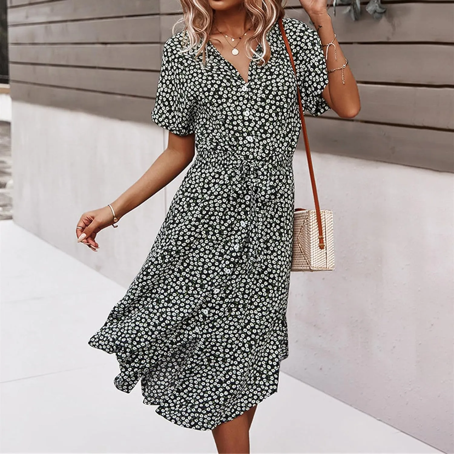Womens Boho Floral V Neck A Line Dresses Belted Tie Waist Midi Dress Flowy Beach Summer Dress