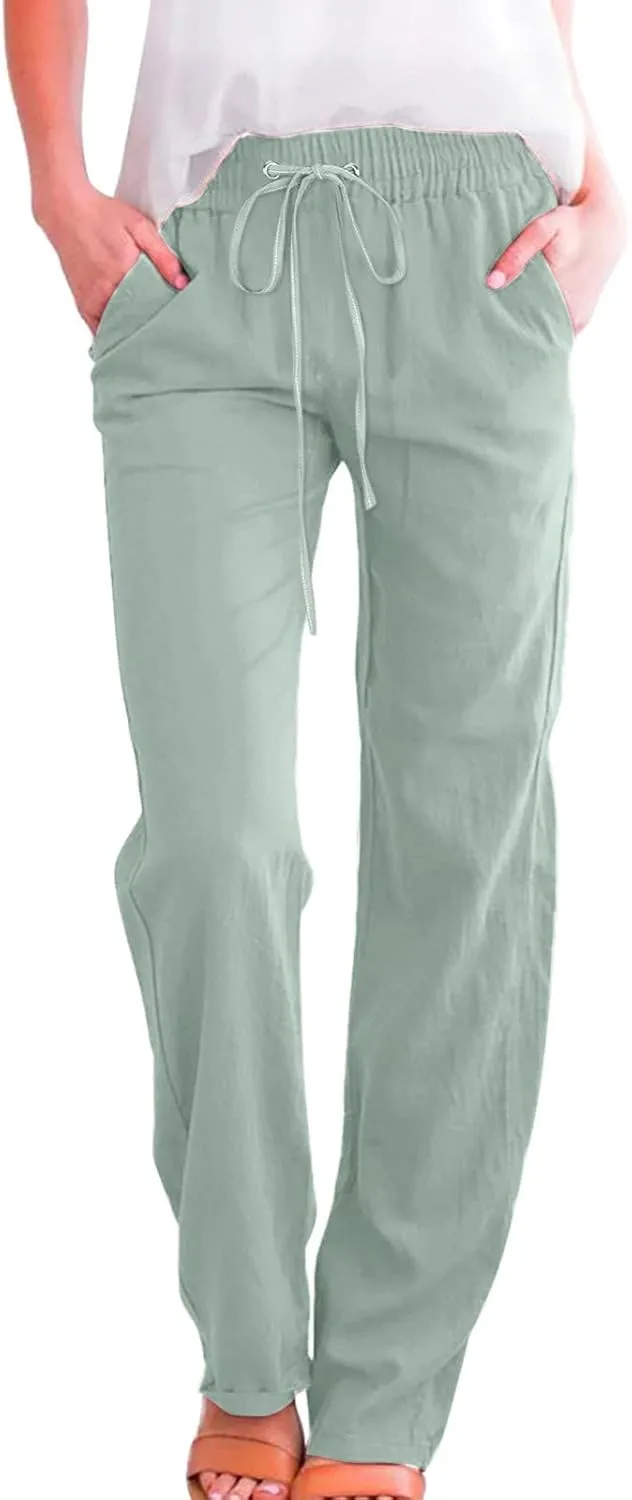Women's Casual Cotton Linen Pants Fashion Drawstring Lightweight Summer Relax Fit Straight Leg Lounge Trouser