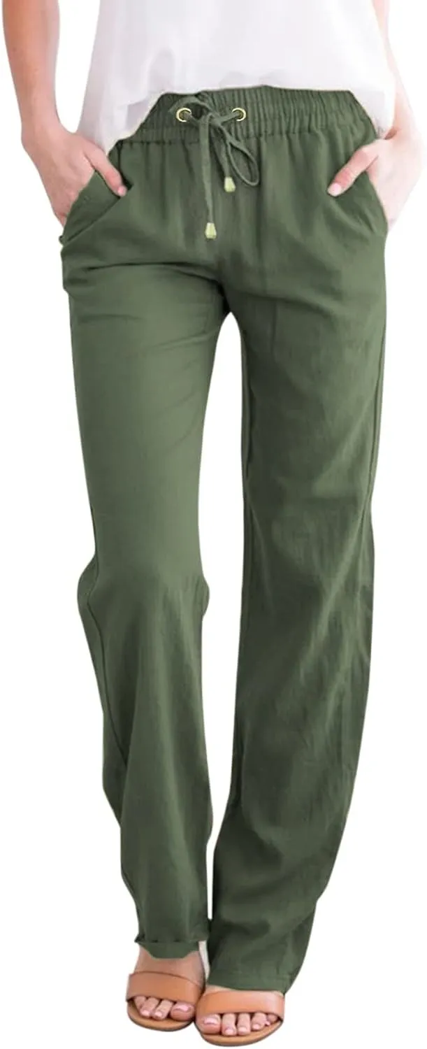 Women's Casual Cotton Linen Pants Fashion Drawstring Lightweight Summer Relax Fit Straight Leg Lounge Trouser