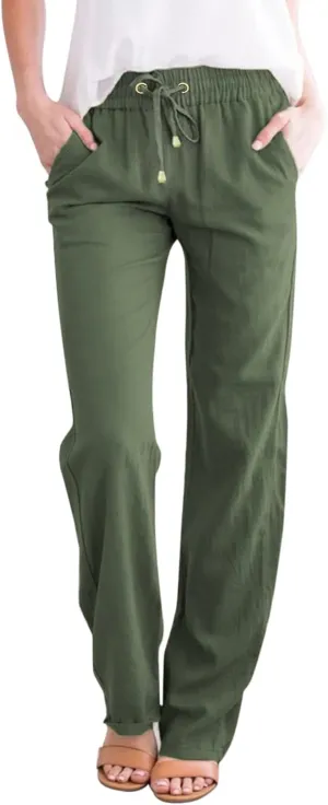 Women's Casual Cotton Linen Pants Fashion Drawstring Lightweight Summer Relax Fit Straight Leg Lounge Trouser