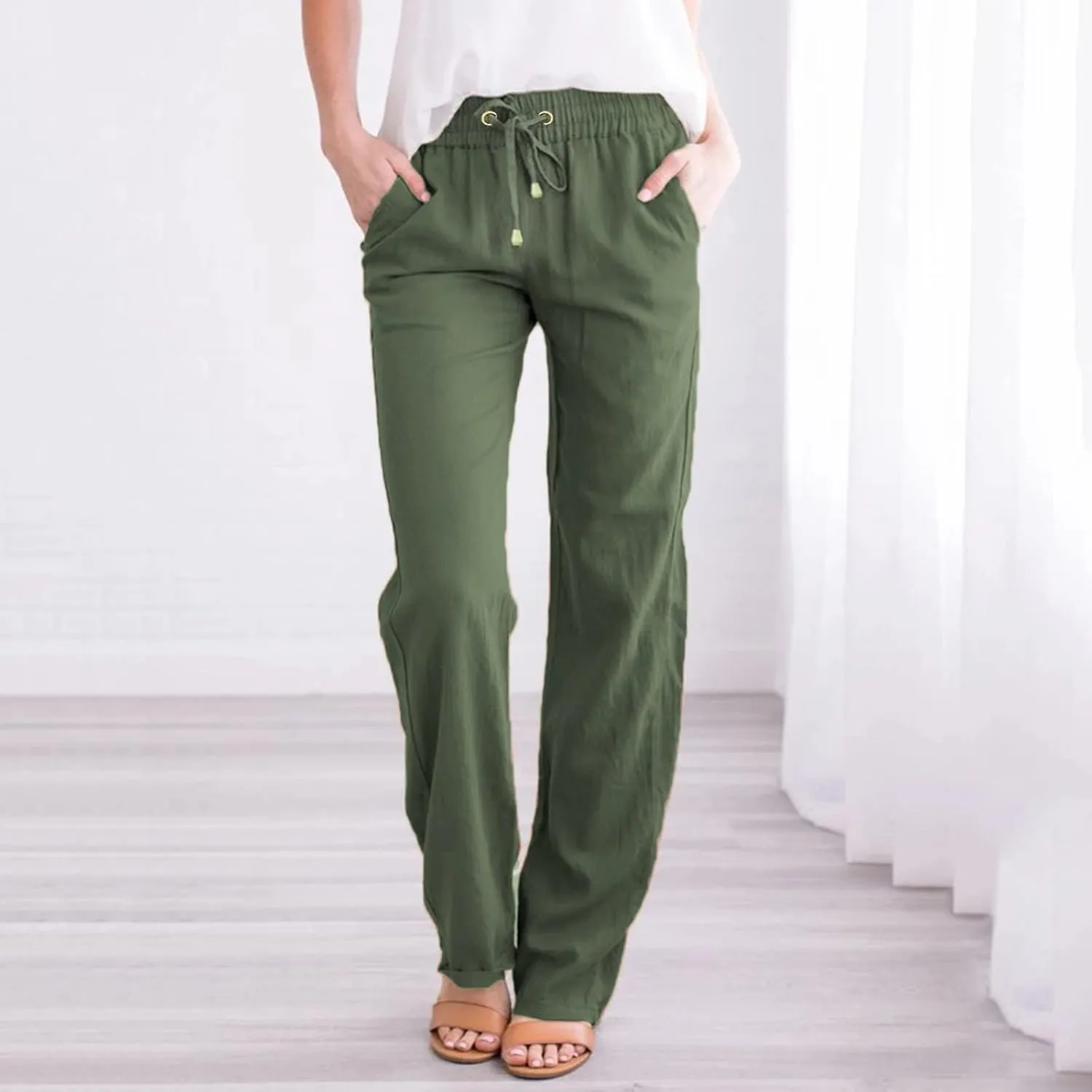Women's Casual Cotton Linen Pants Fashion Drawstring Lightweight Summer Relax Fit Straight Leg Lounge Trouser
