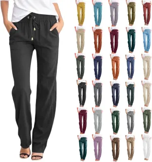 Women's Casual Cotton Linen Pants Fashion Drawstring Lightweight Summer Relax Fit Straight Leg Lounge Trouser