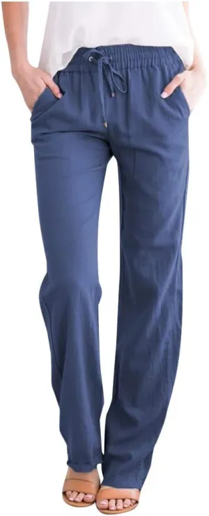 Women's Casual Cotton Linen Pants Fashion Drawstring Lightweight Summer Relax Fit Straight Leg Lounge Trouser