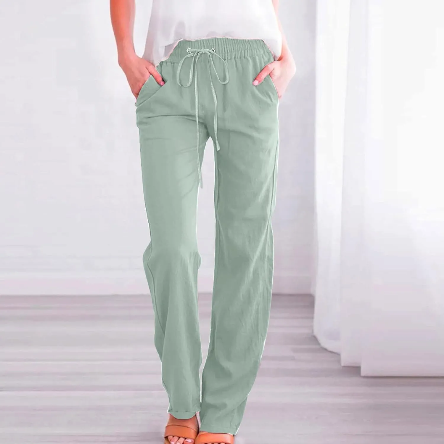 Women's Casual Cotton Linen Pants Fashion Drawstring Lightweight Summer Relax Fit Straight Leg Lounge Trouser