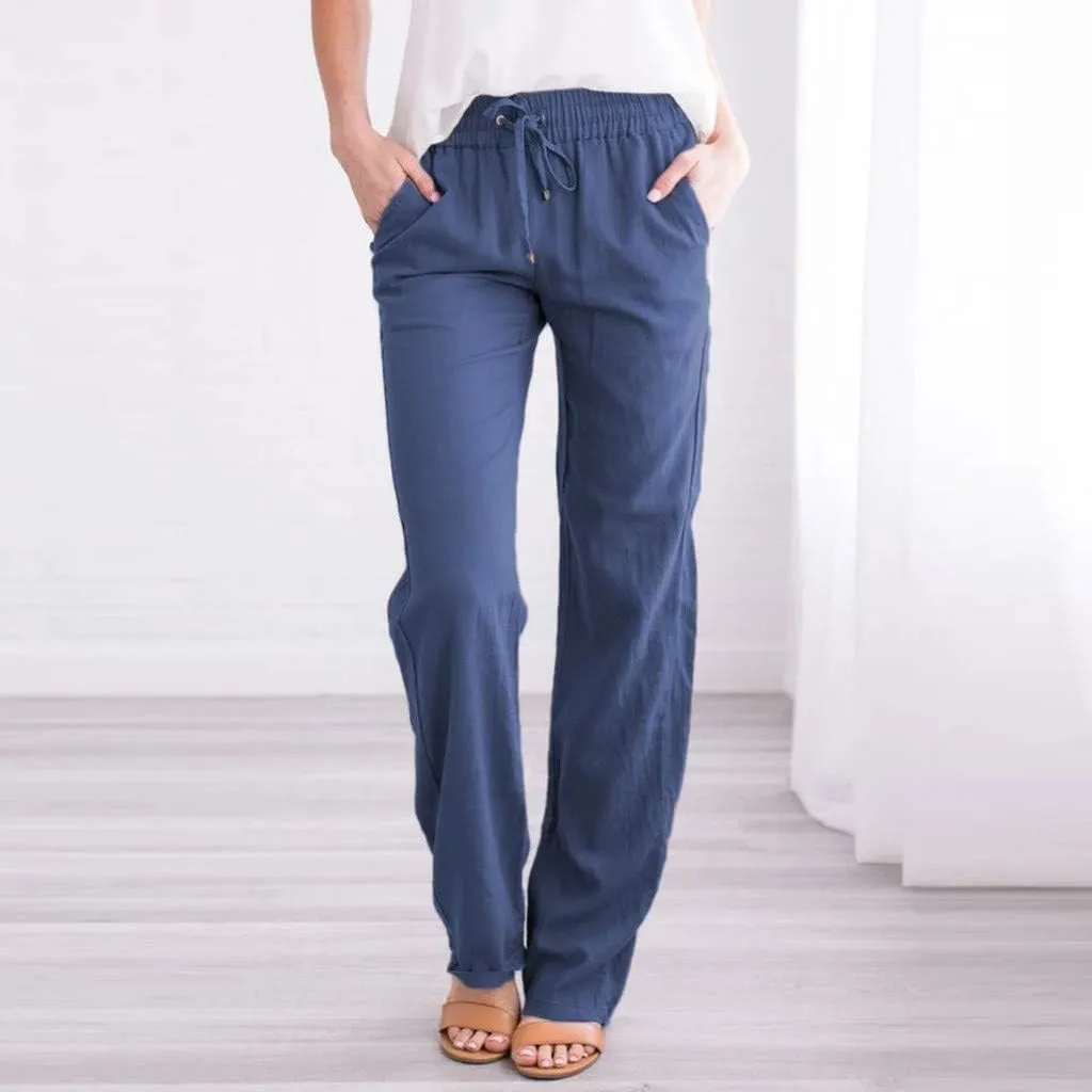 Women's Casual Cotton Linen Pants Fashion Drawstring Lightweight Summer Relax Fit Straight Leg Lounge Trouser