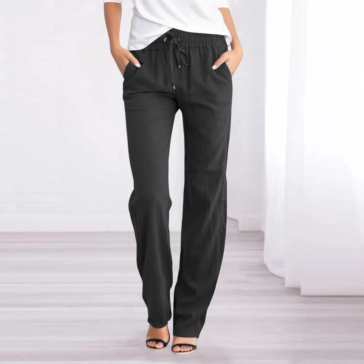 Women's Casual Cotton Linen Pants Fashion Drawstring Lightweight Summer Relax Fit Straight Leg Lounge Trouser