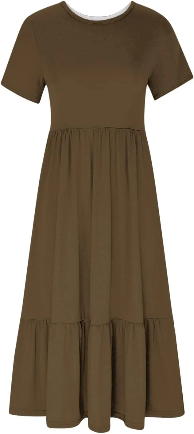 Women's Casual Summer Dresses Puff Sleeve Elegant Wrap Smocked Waist Sundresses Cozy Tiered A-Line Tea Dress for Ladies
