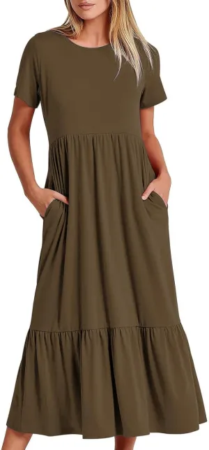 Women's Casual Summer Dresses Puff Sleeve Elegant Wrap Smocked Waist Sundresses Cozy Tiered A-Line Tea Dress for Ladies