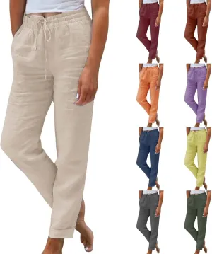 Womens Cotton Linen Pants 2025 Loose Fit Straight Leg Drawstring Summer Elastic Waist Plus Size Lounge Long Trousers